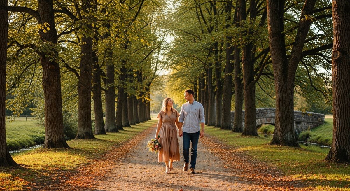 A couple walking together down a peaceful path.