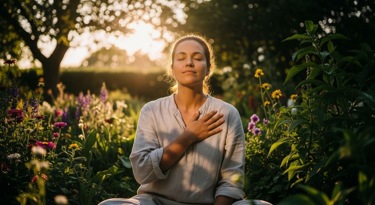 A person practicing self-compassion in a garden.