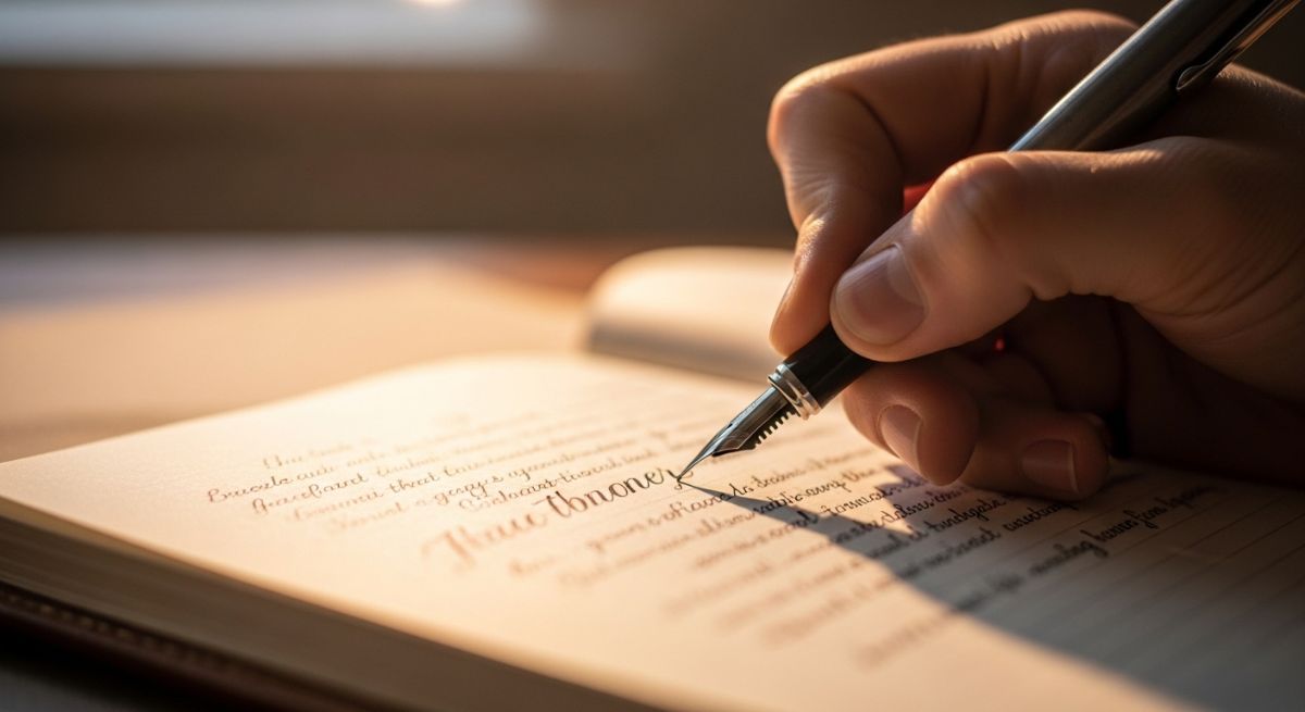 A hand journaling in soft light.