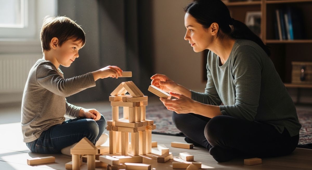 Parent and child building with wooden blocks together.