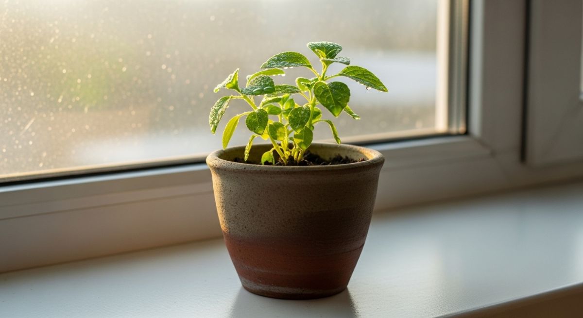 A healthy green plant on a sunlit windowsill.