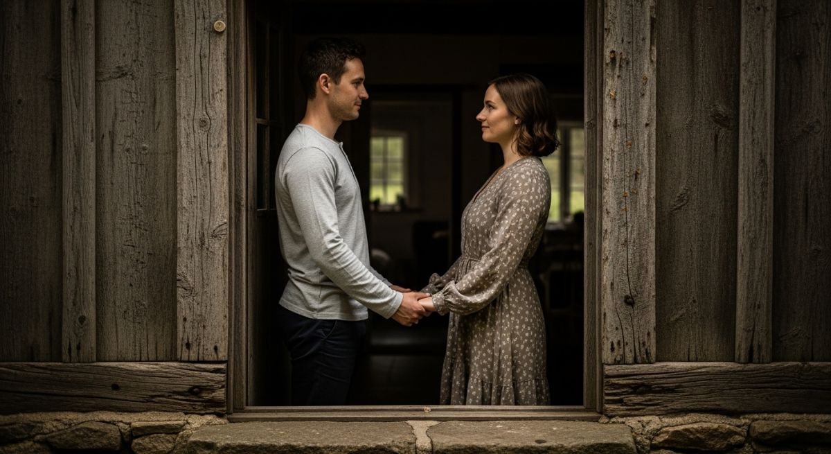 Two people holding hands in a doorway signifying respect.