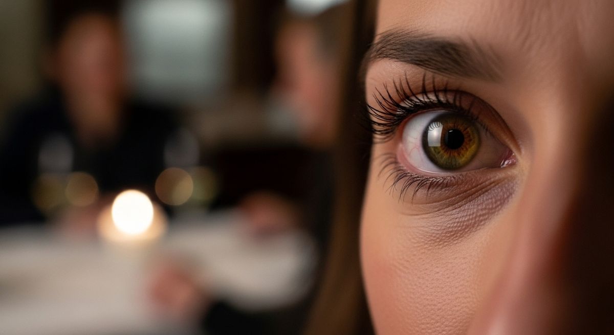 A close-up of a person looking at their spouse with renewed interest.