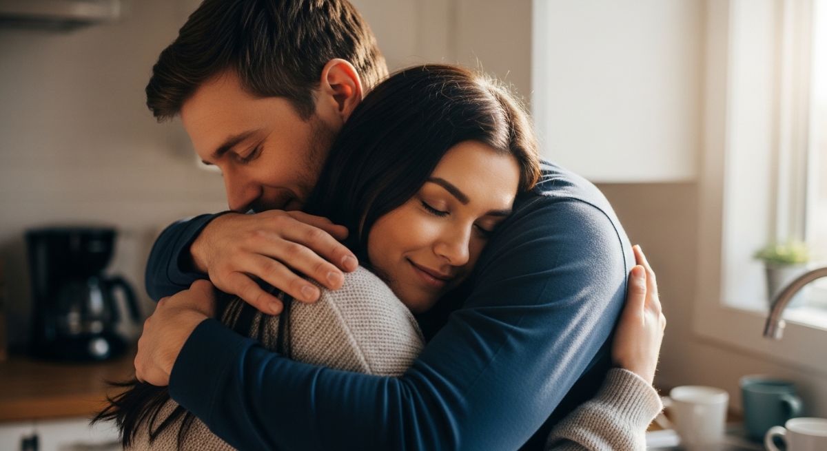 A couple sharing a long, supportive hug in a kitchen.
