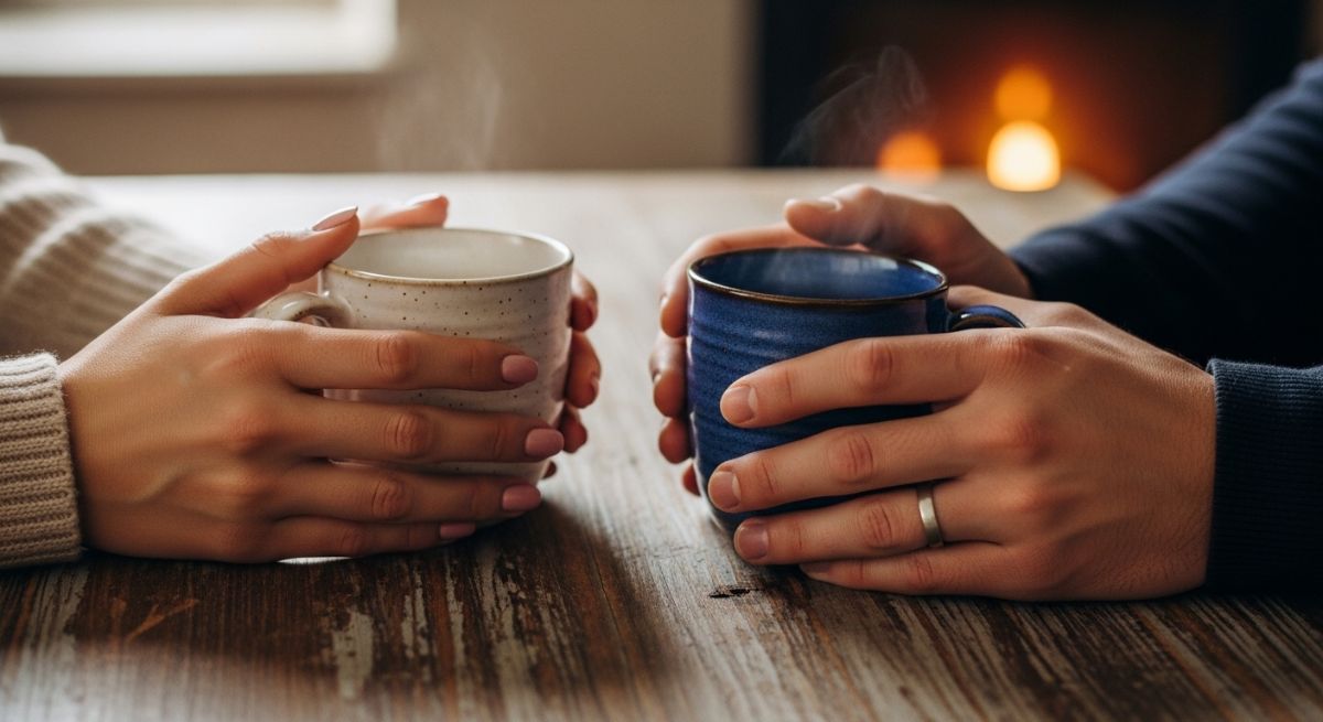 Hands holding coffee mugs and reaching for connection.