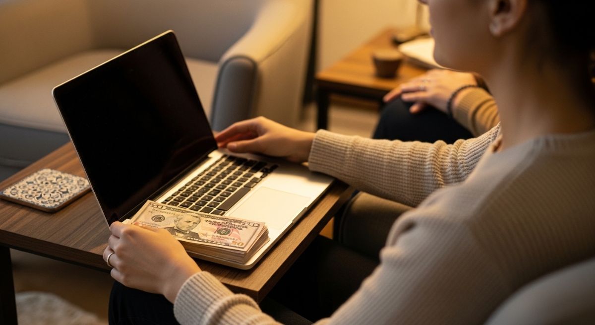 A person putting away work to focus on their spouse.