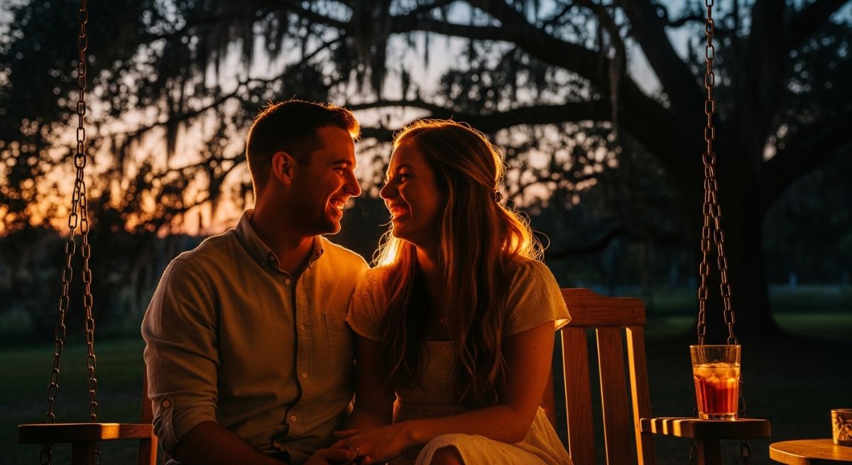 A couple laughing together outdoors at sunset.