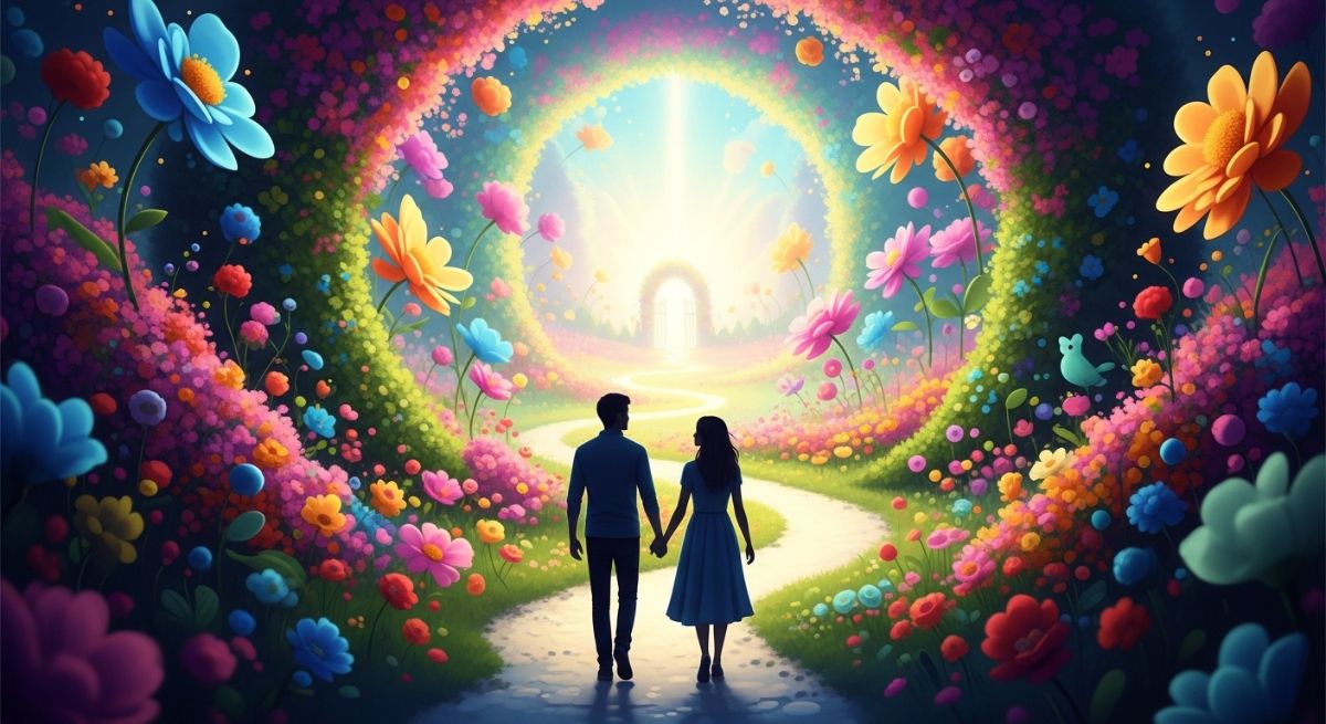 A couple walking toward a vibrant green garden.