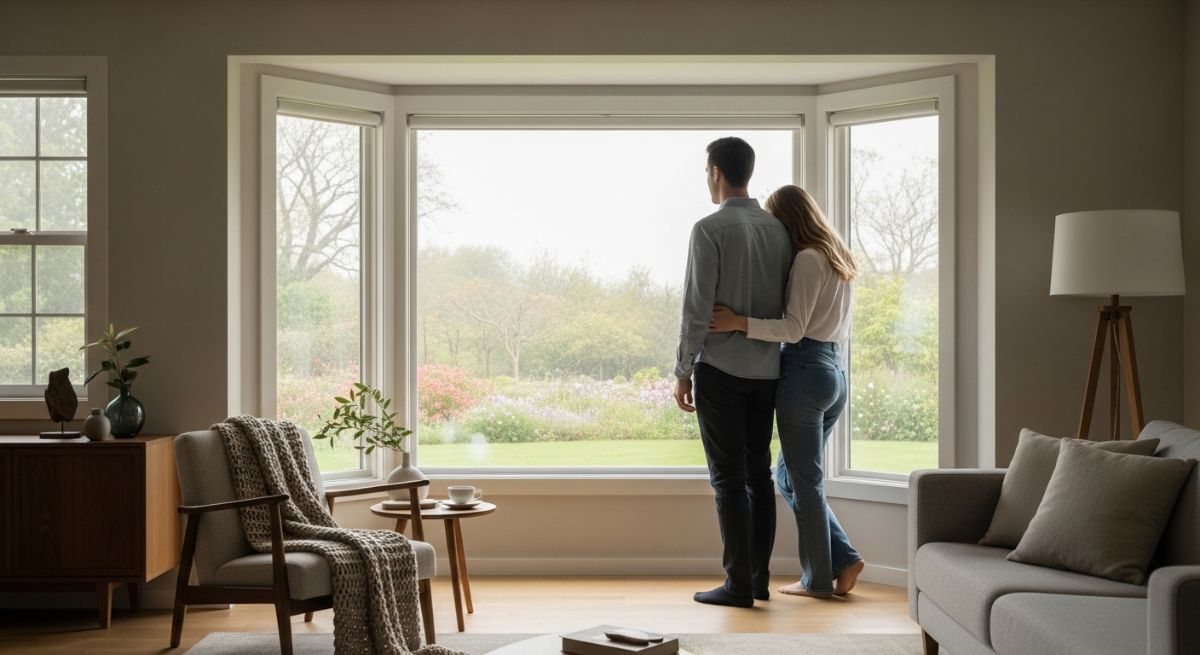 A couple standing together peacefully inside their home.