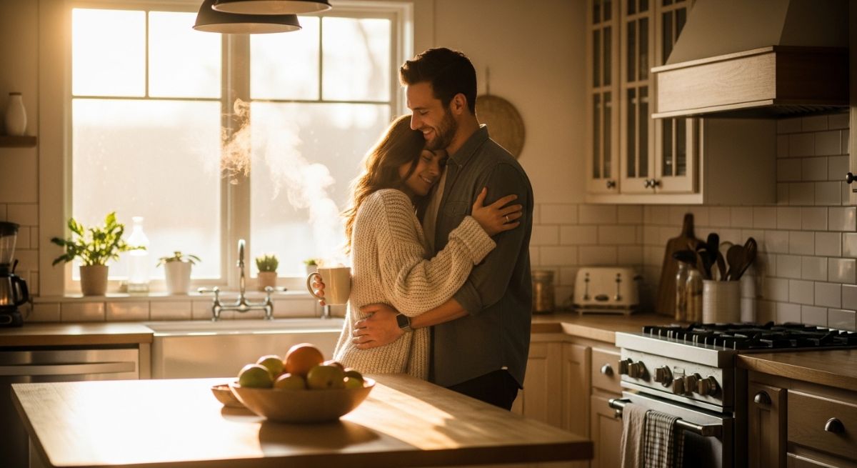 A couple hugging in a bright kitchen.