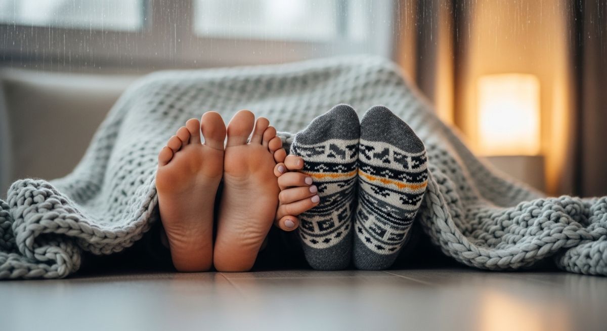 Feet under a blanket on a sofa.