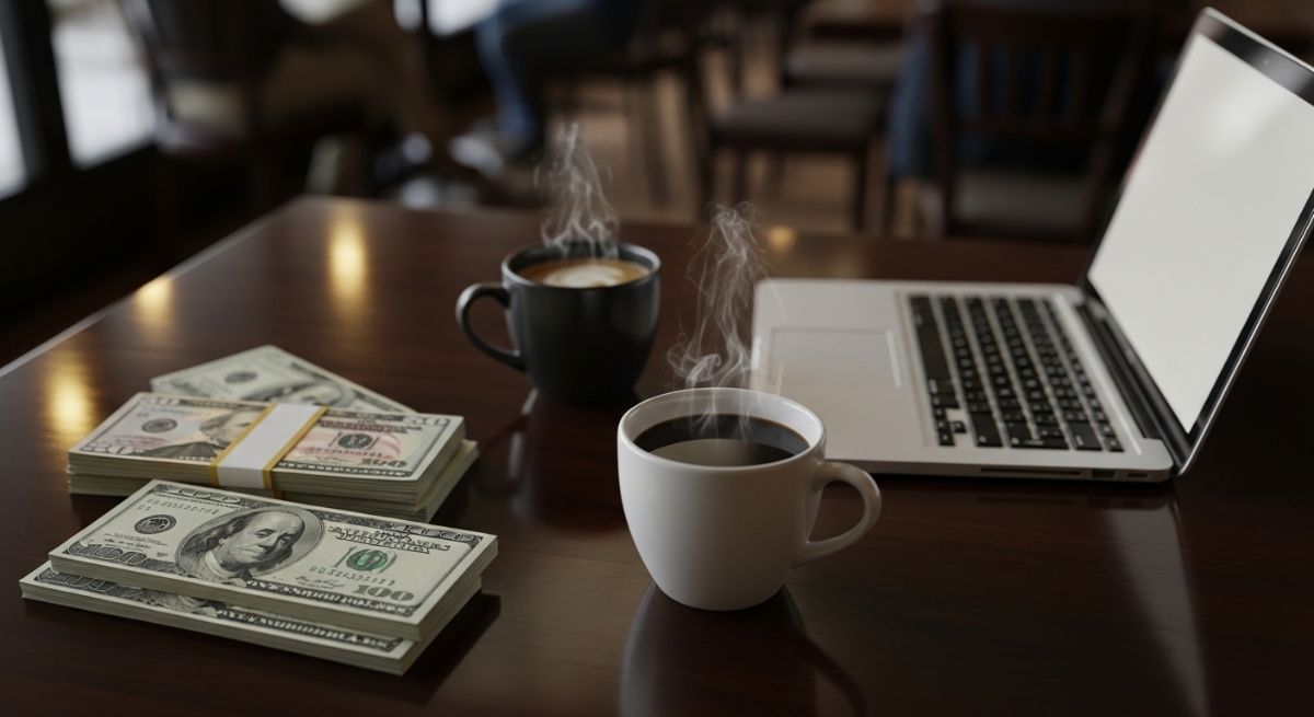 Coffee mugs on a table with work materials pushed aside.