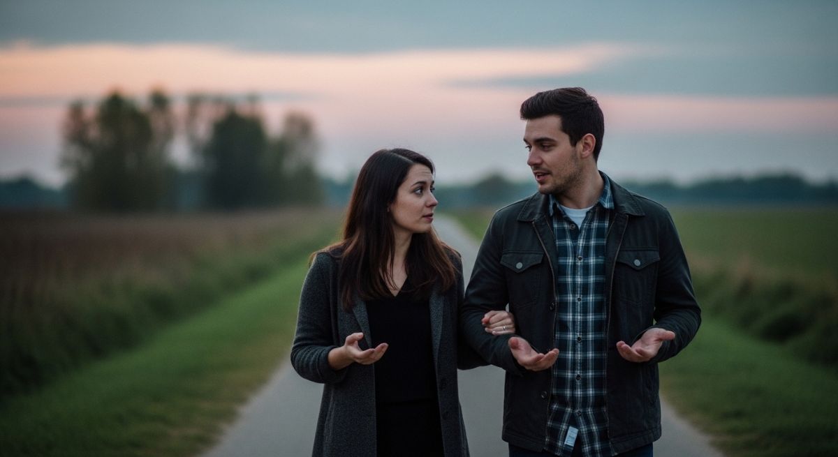 A couple walking and talking at twilight.
