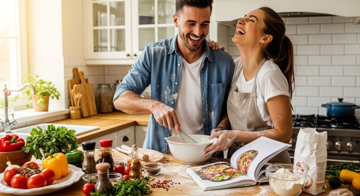 A couple looking out of a window at a garden.