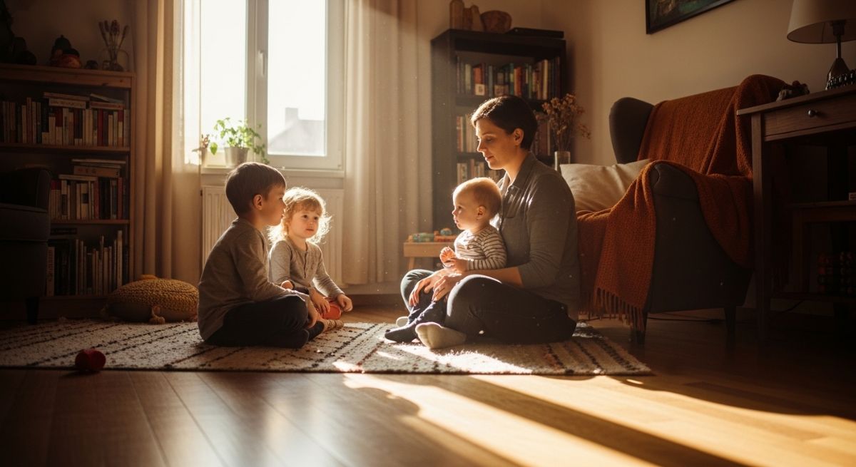 A parent and children sitting together in a peaceful living room.