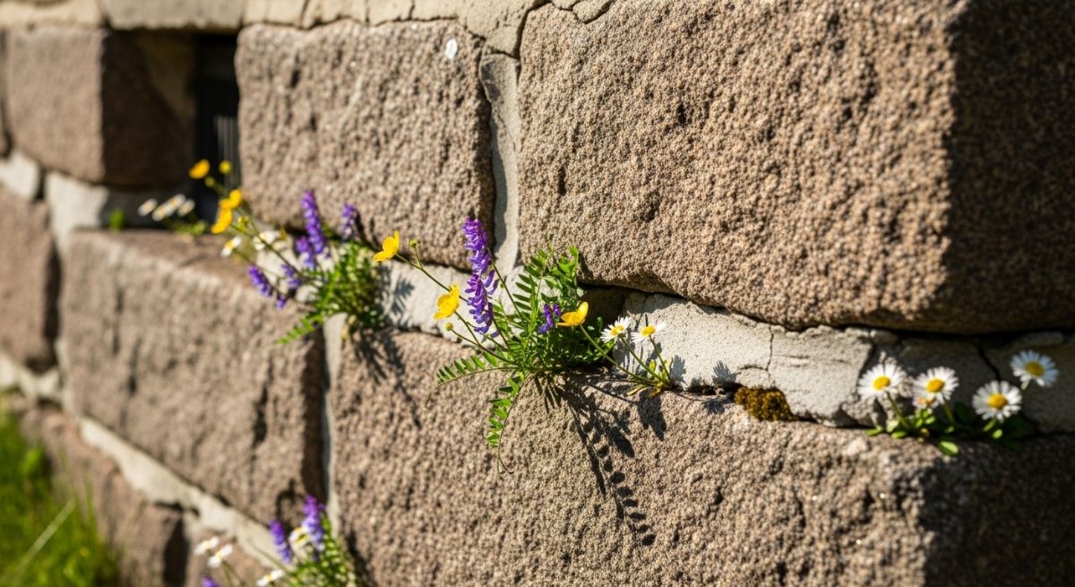 A strong stone foundation with delicate wildflowers.