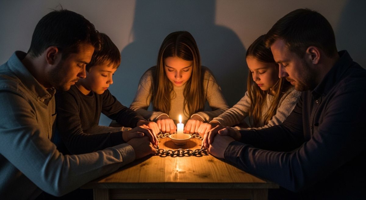 A family holding hands in a circle around a table.