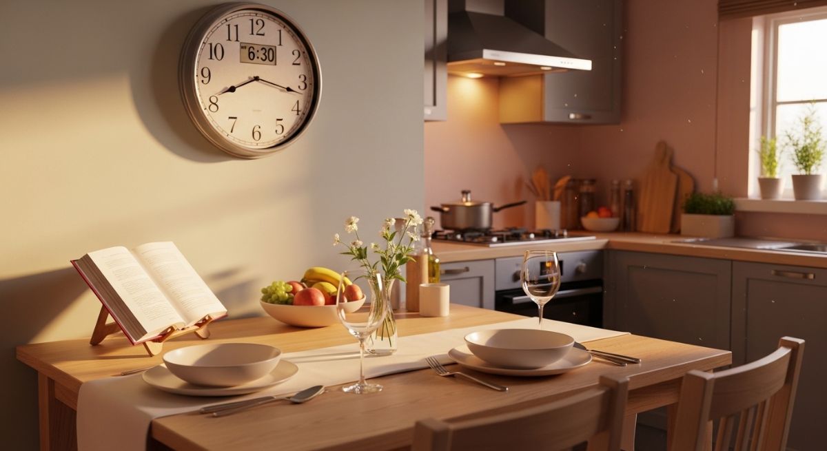 A neatly set dinner table in a warm kitchen.