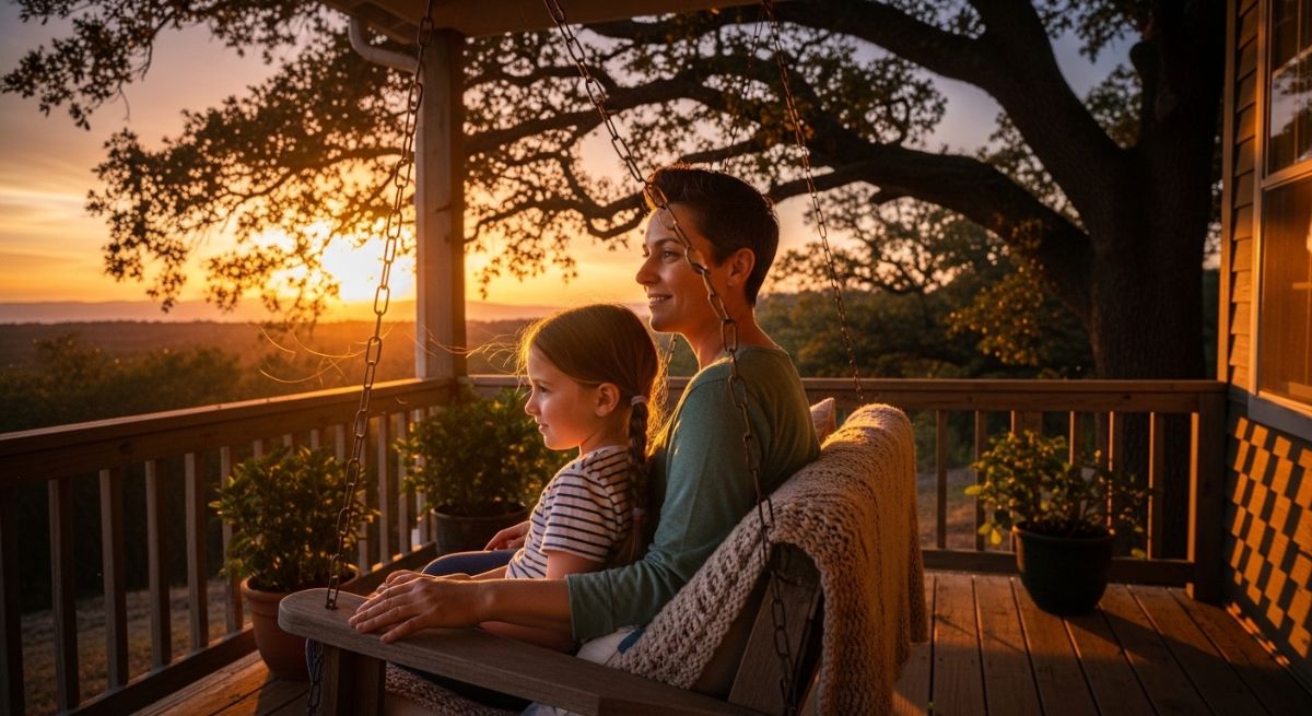 An adult and child on a porch swing at sunset.