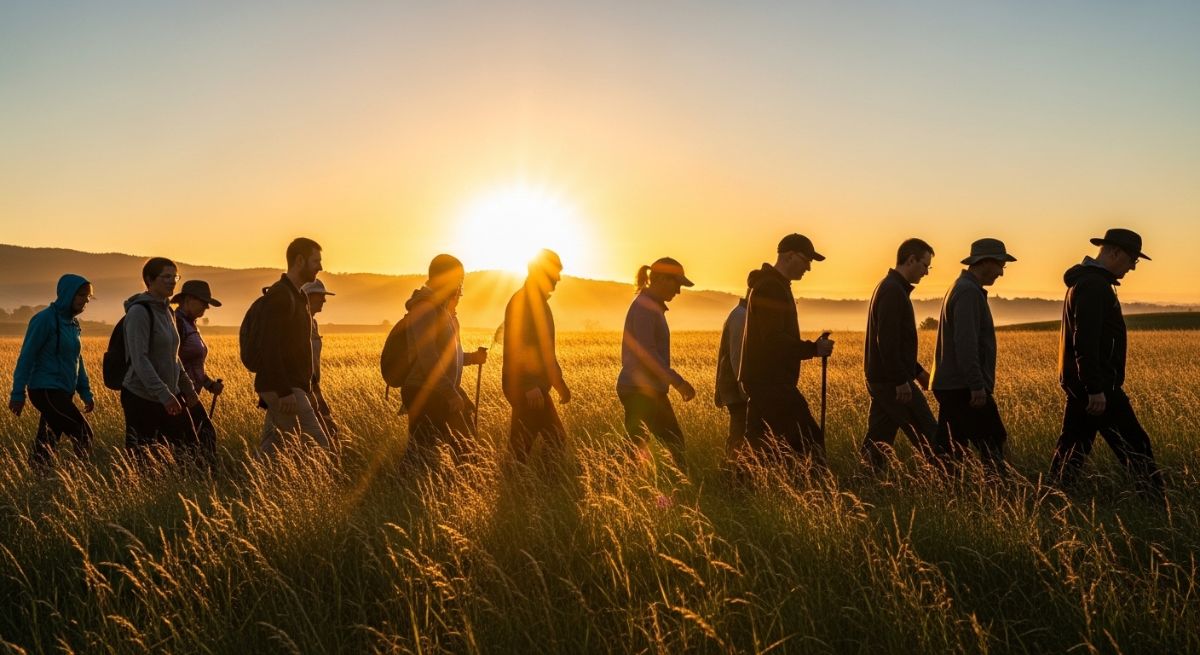A family walking through a field toward the sunrise.