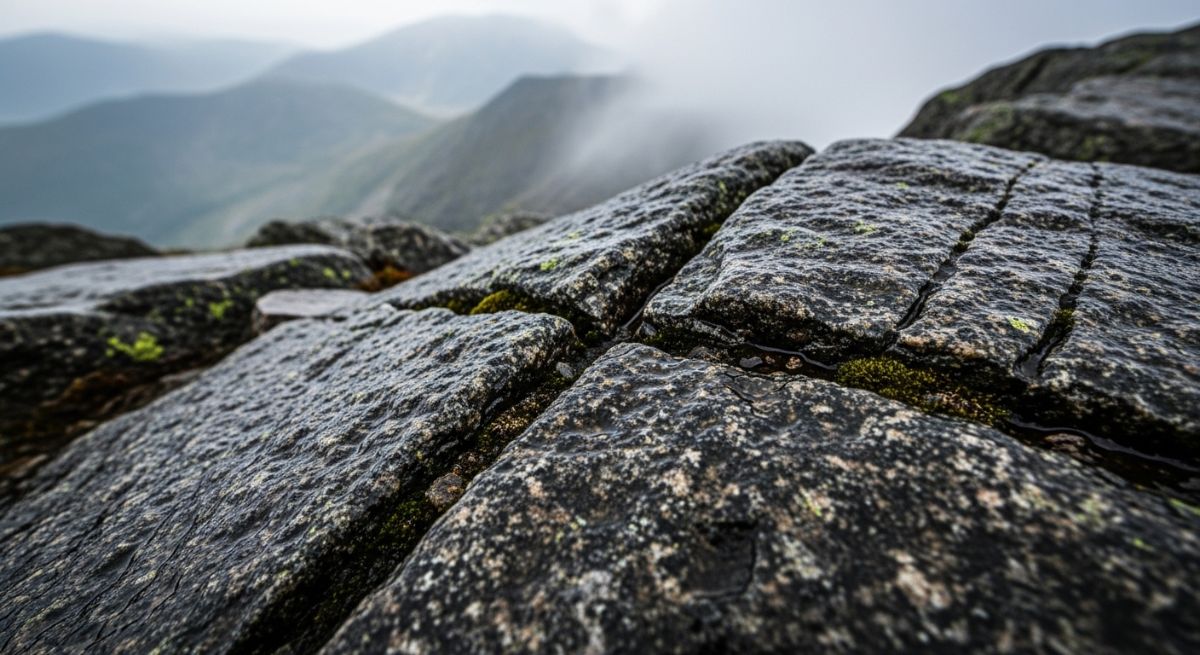 Detailed close-up of dark mountain rocks in the fog.