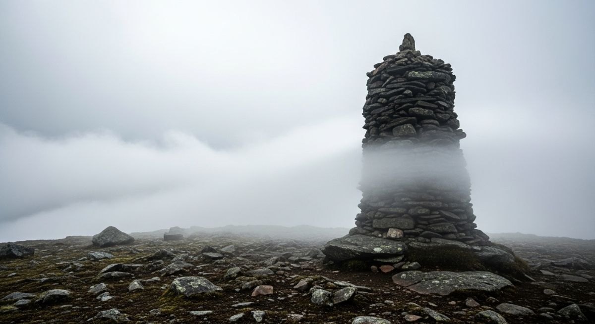 A rock cairn on a mountain top in heavy fog.