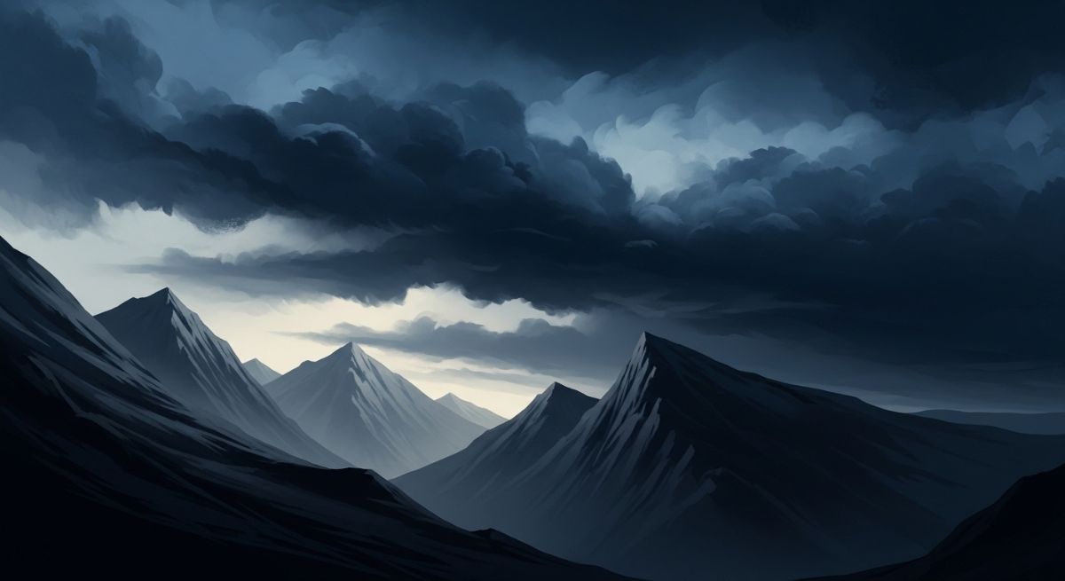 Abstract blend of blue clouds and mountain edges.