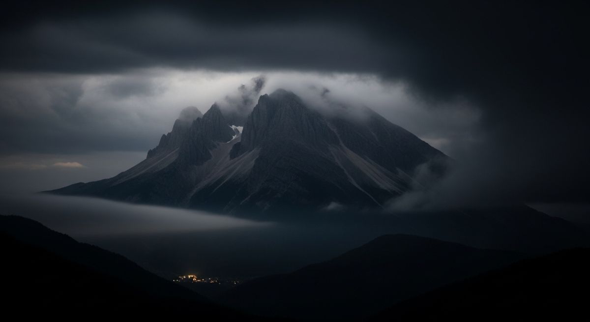 A mountain peak fading into dark clouds at night.