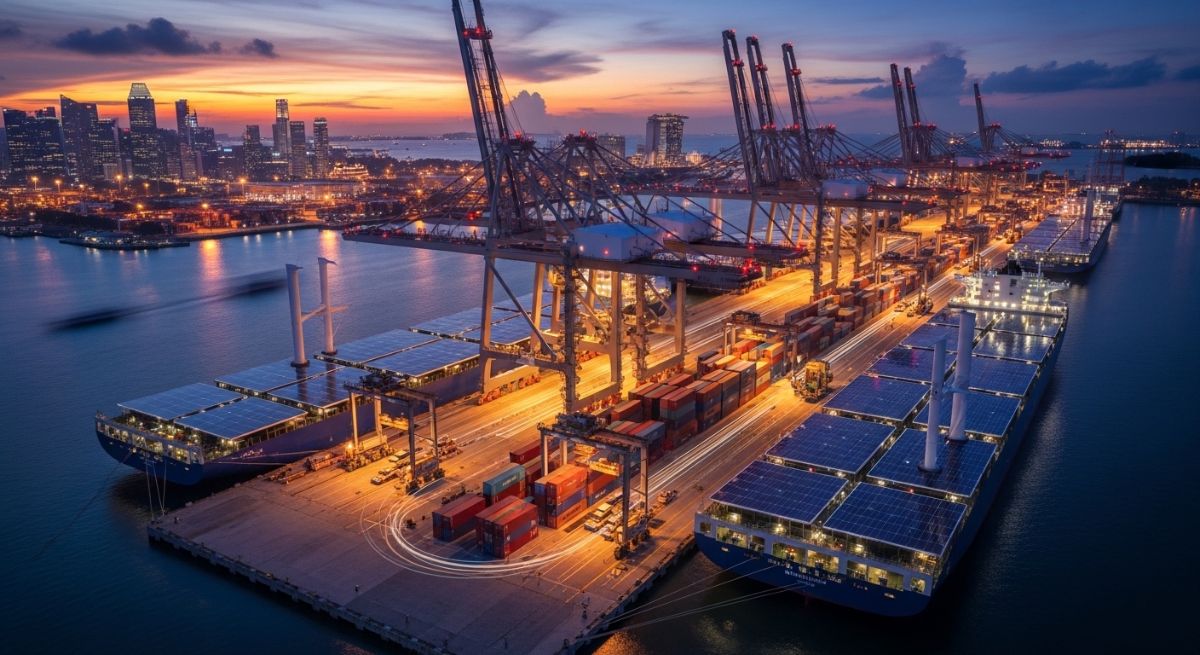 A modern Indo-Pacific shipping port symbolizing green trade agreements.