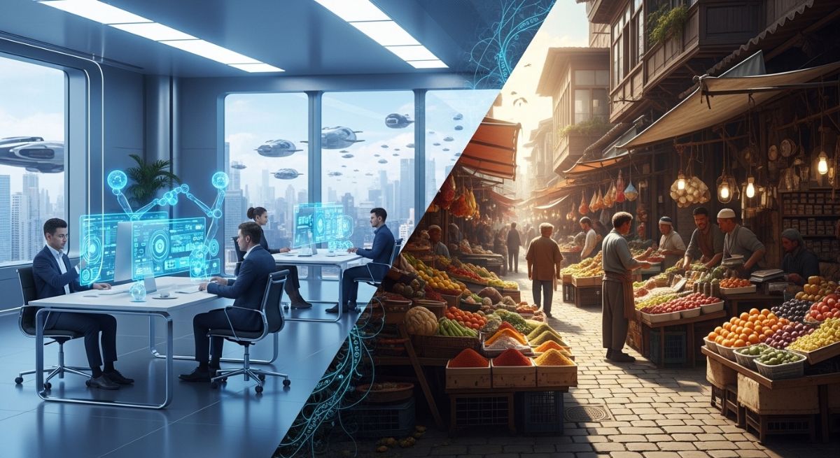 A conceptual representation of the global economic transition and labor market shifts.