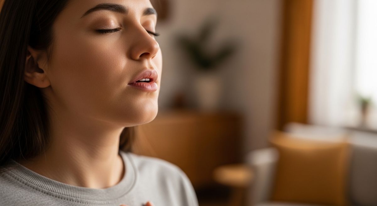 A person taking a deep, calming breath.