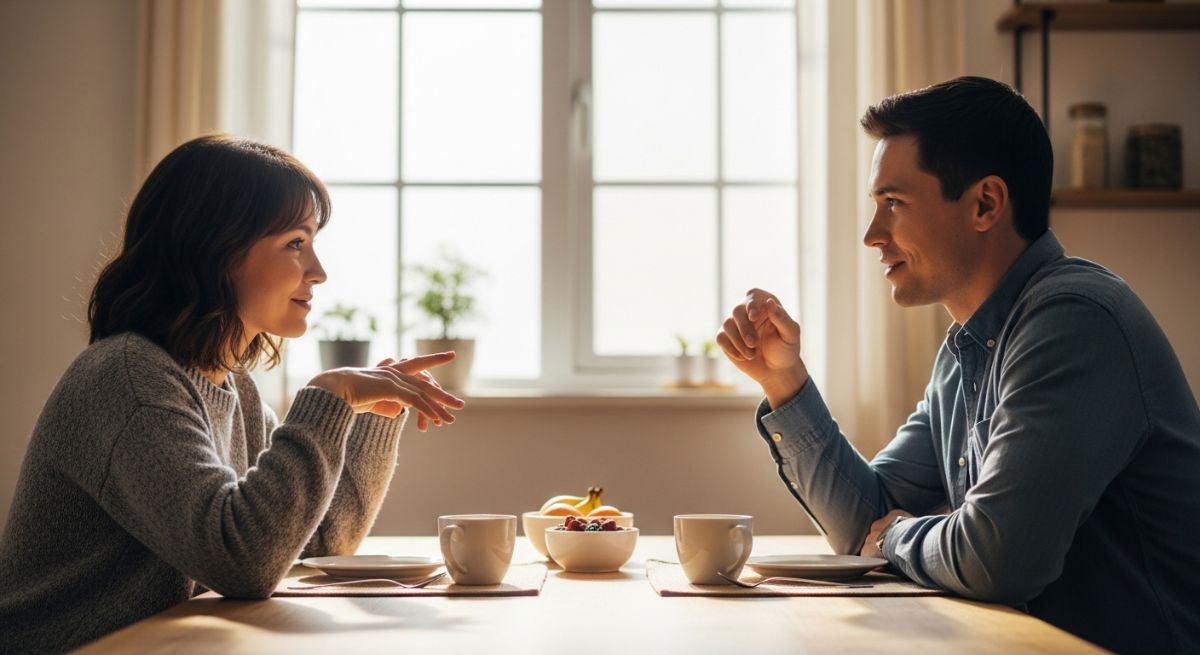 A couple communicating calmly at a table.