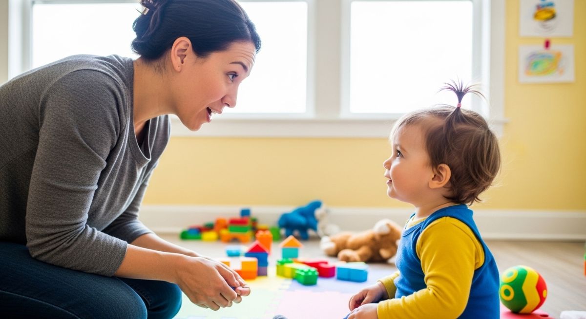 A parent speaking softly to a child at eye-level.