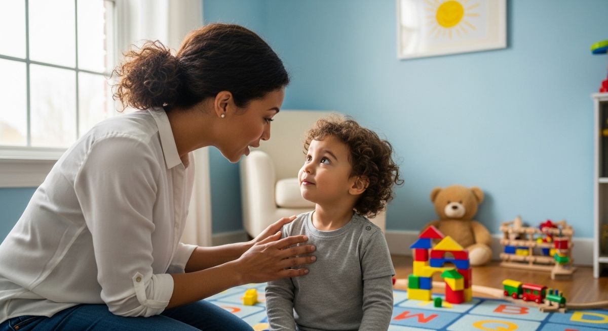 A parent and child reconciling with a hug.