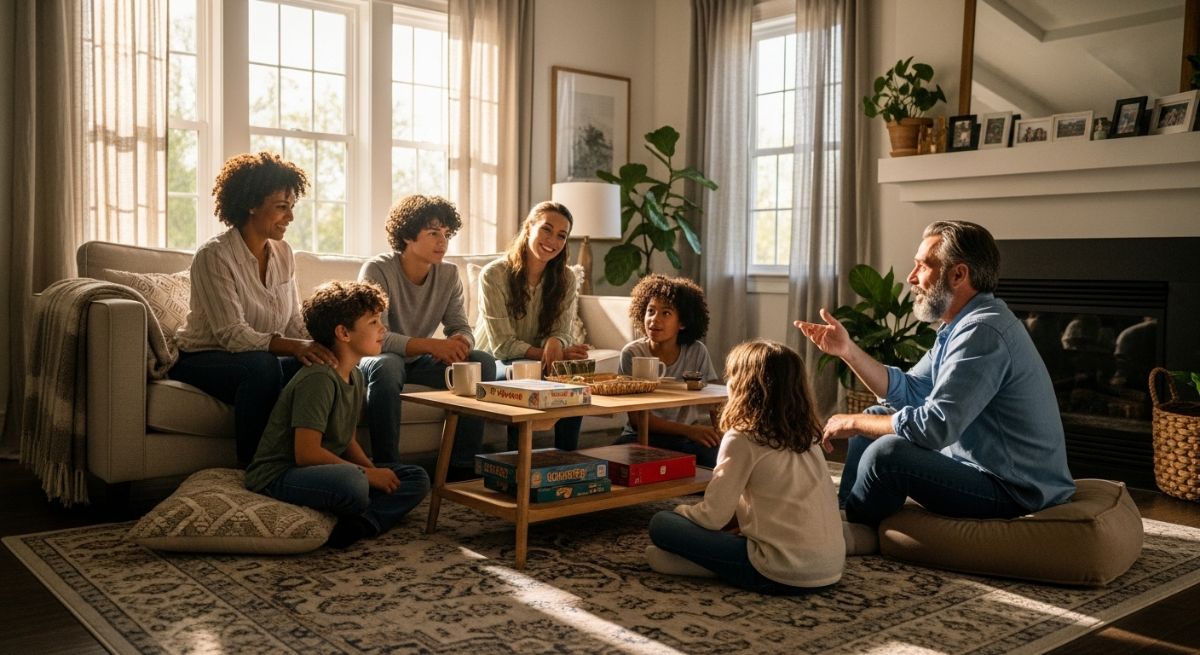 A family sitting together in a supportive circle.