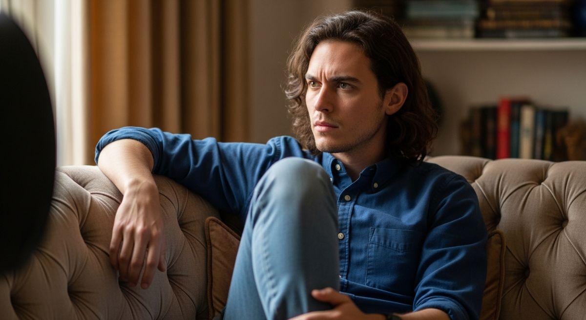 A person listening with an open and attentive posture.