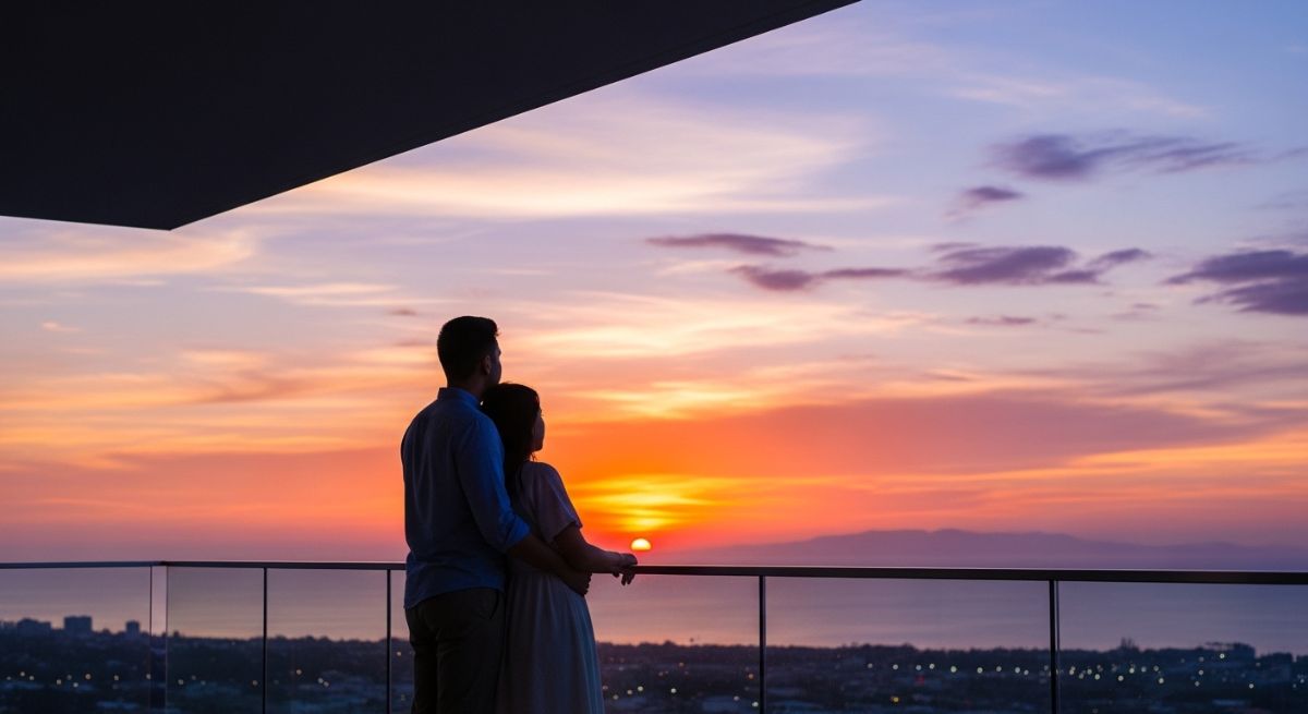 A couple enjoying a peaceful sunset together.