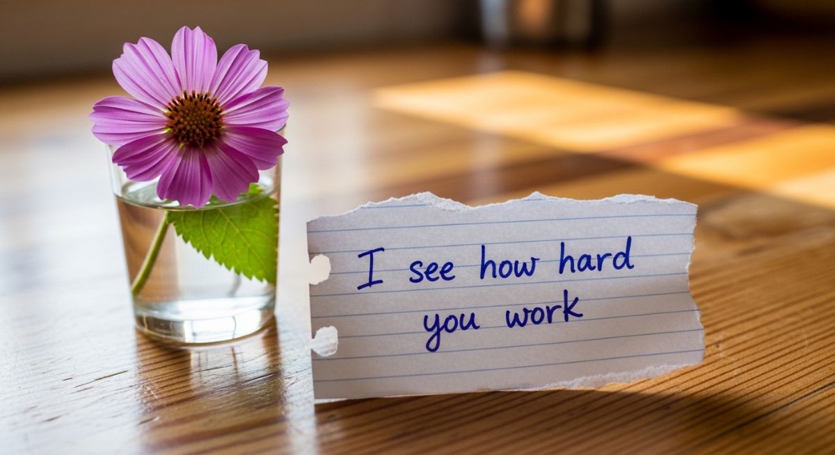 A handwritten appreciation note and a flower.