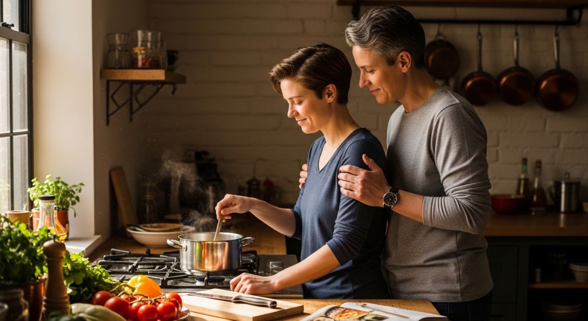 A couple sharing a supportive moment in the kitchen.