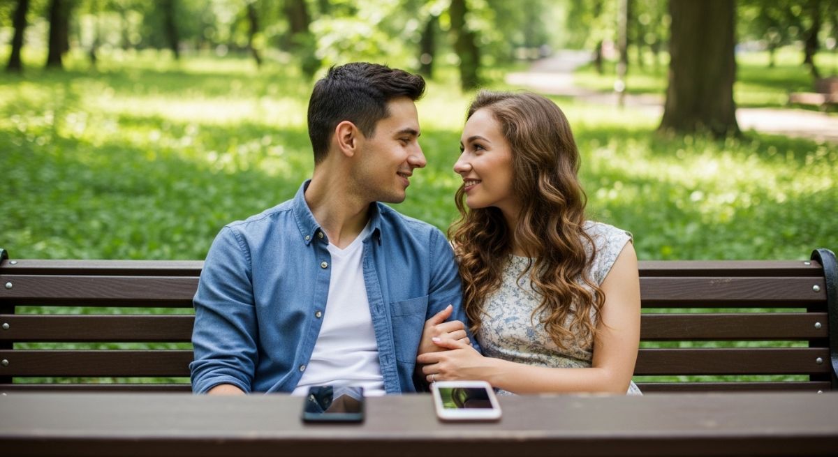 A couple sitting in a park focusing on each other.
