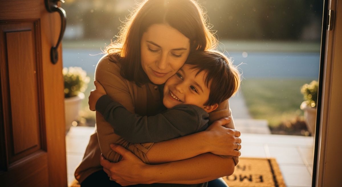 A parent and child sharing a loving welcome at the door.