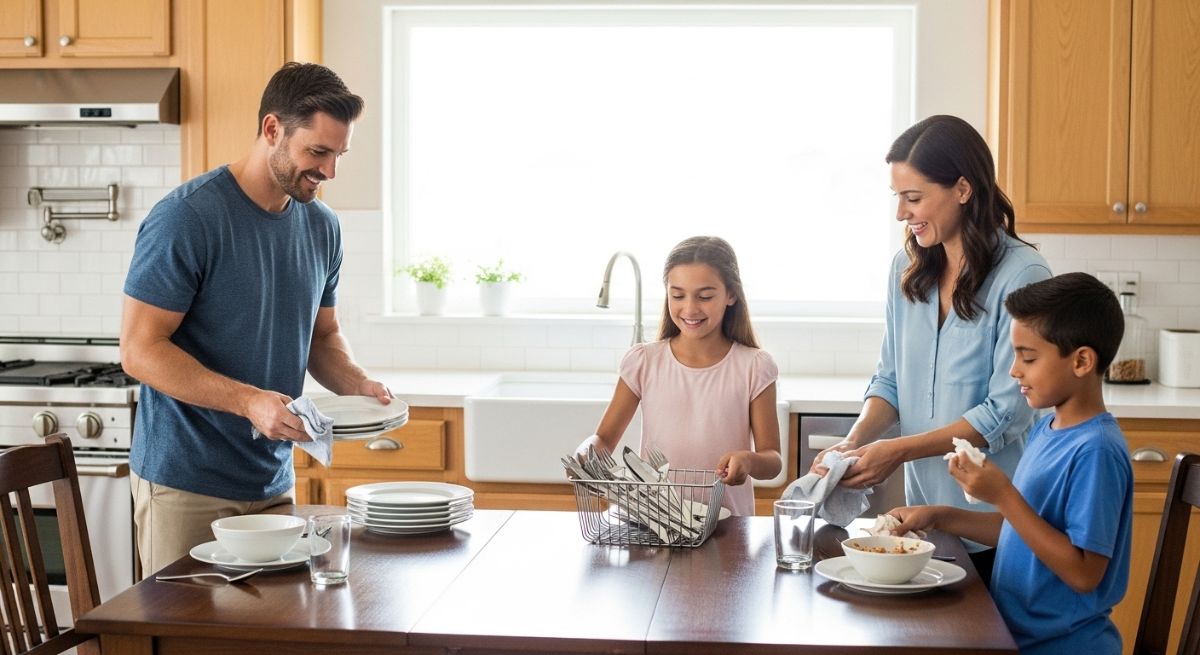 Family members working together on household chores.