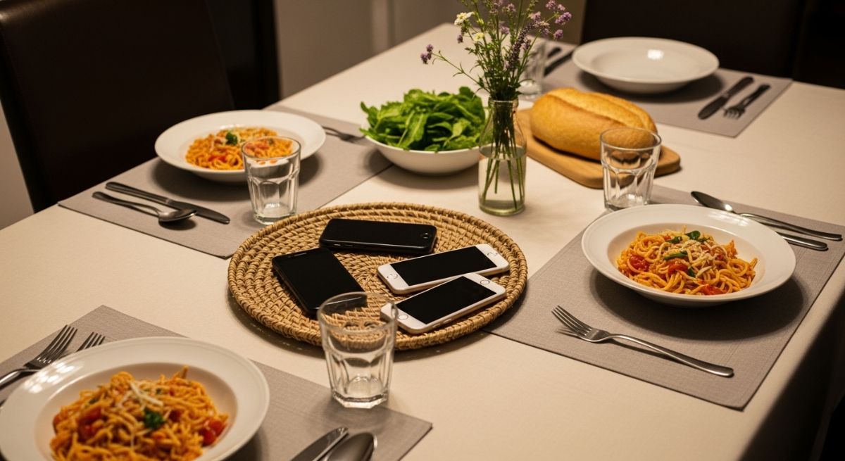 Phones placed in a basket during family dinner for focused attention.
