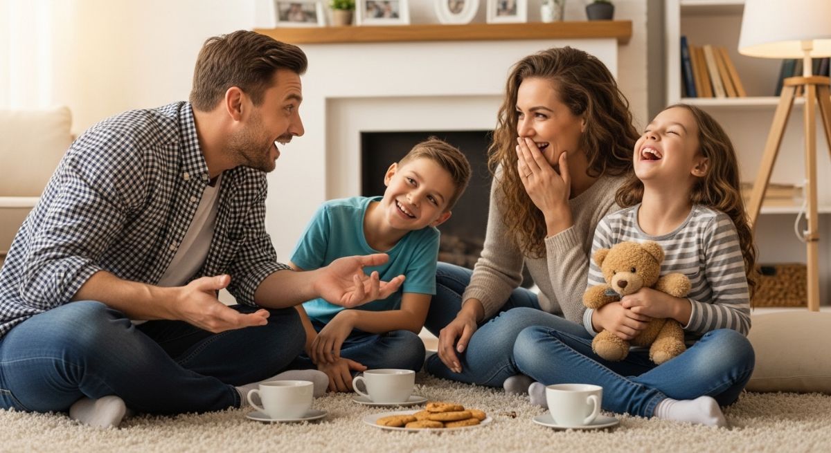 A family sharing a moment of gratitude and laughter together.
