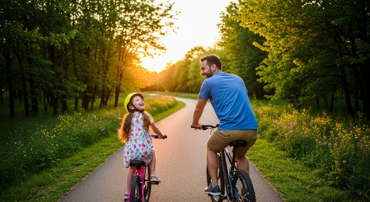 Father and daughter enjoying a bicycle ride at sunset.