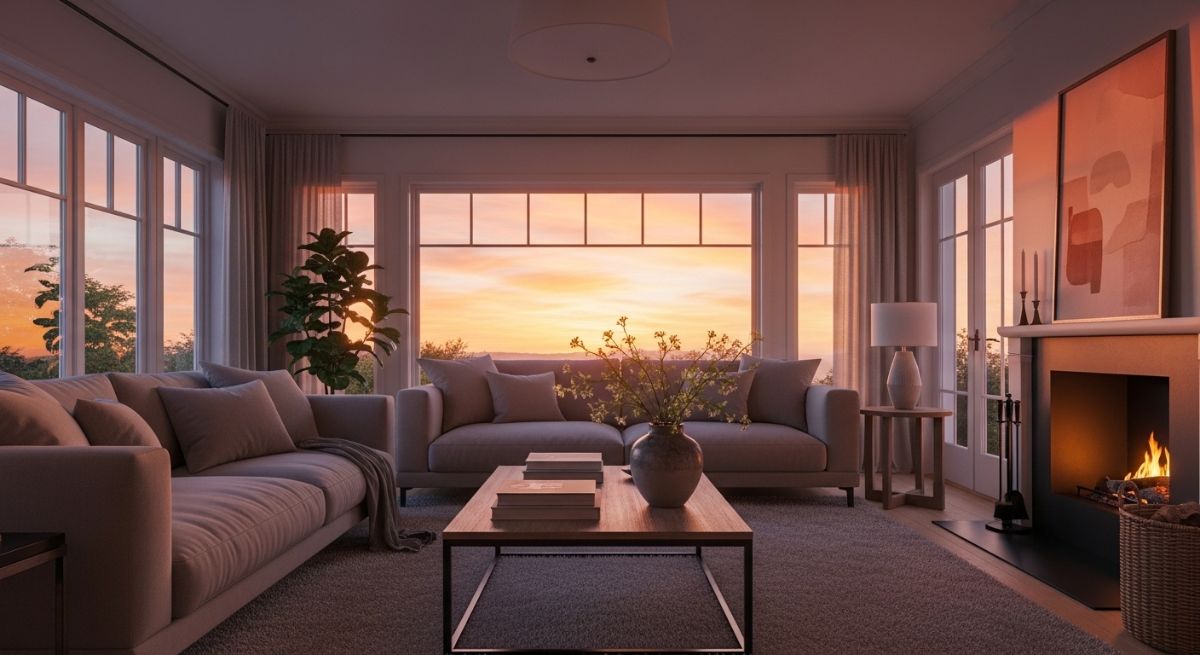 A serene and happy home environment at twilight.