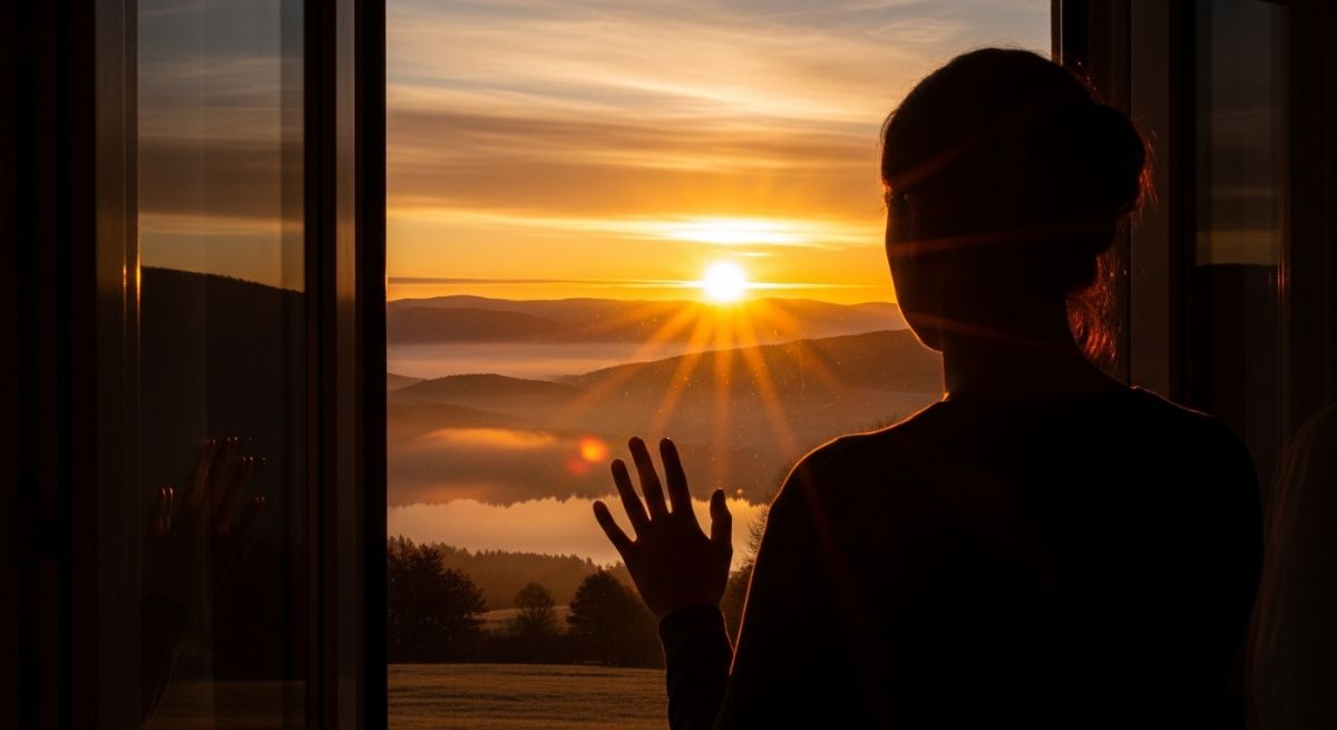 A person looking out a window at a beautiful golden sunrise.