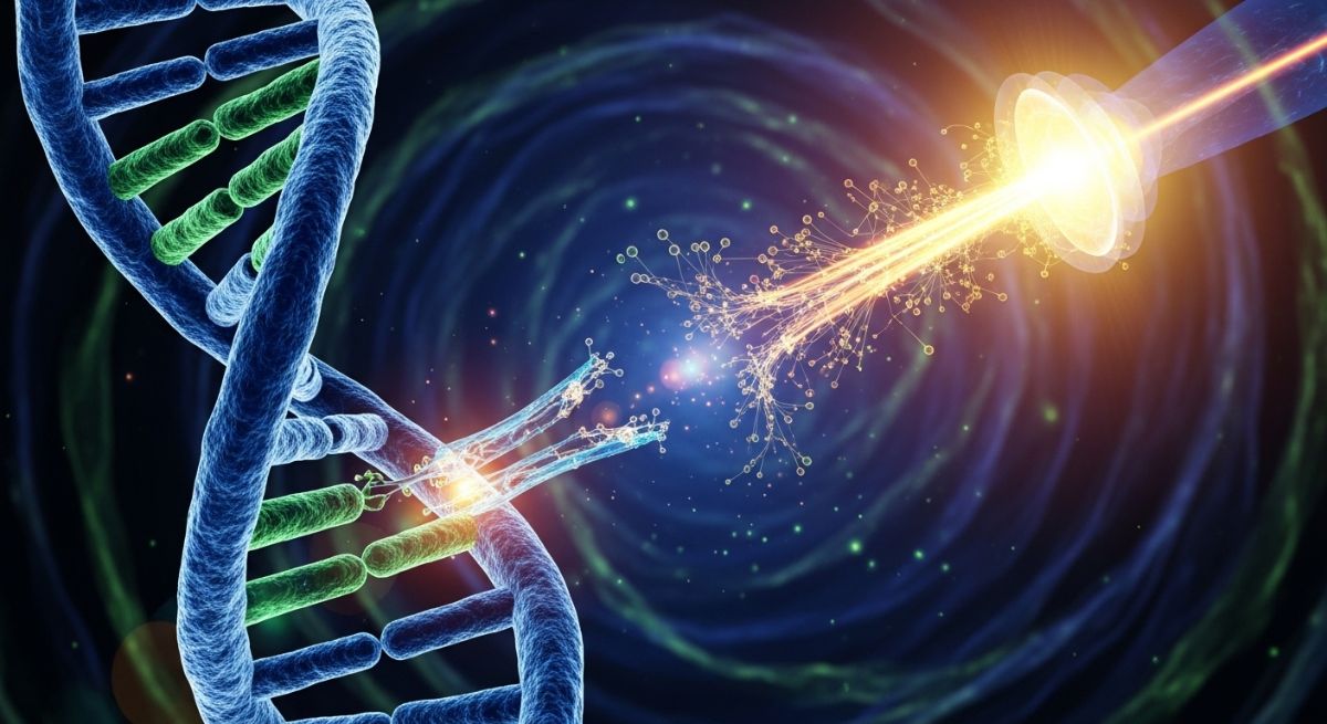 Abstract visualization of a DNA double helix being repaired with light.