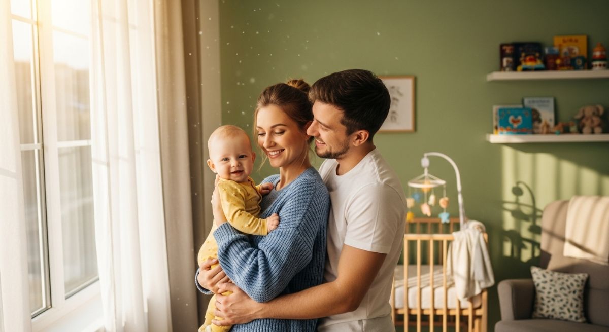 Parents holding a healthy, smiling baby in a sunlit nursery.