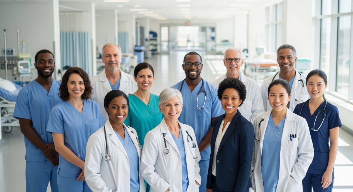 Diverse healthcare professionals and researchers smiling together in a hospital.